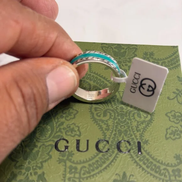 Gucci Men's Interlocking G Enamel Ring Turquoise Silver Size 11 NIB - Picture 6 of 6
